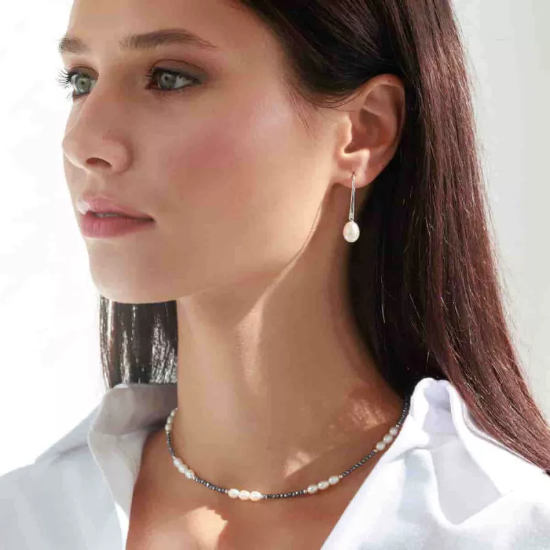 Eleganter Perlenohrhänger weiß reisförmig mit Zirkonia rund 7.5-8 mm, 925er Silber, Gaura Pearls, Estland Bild 2